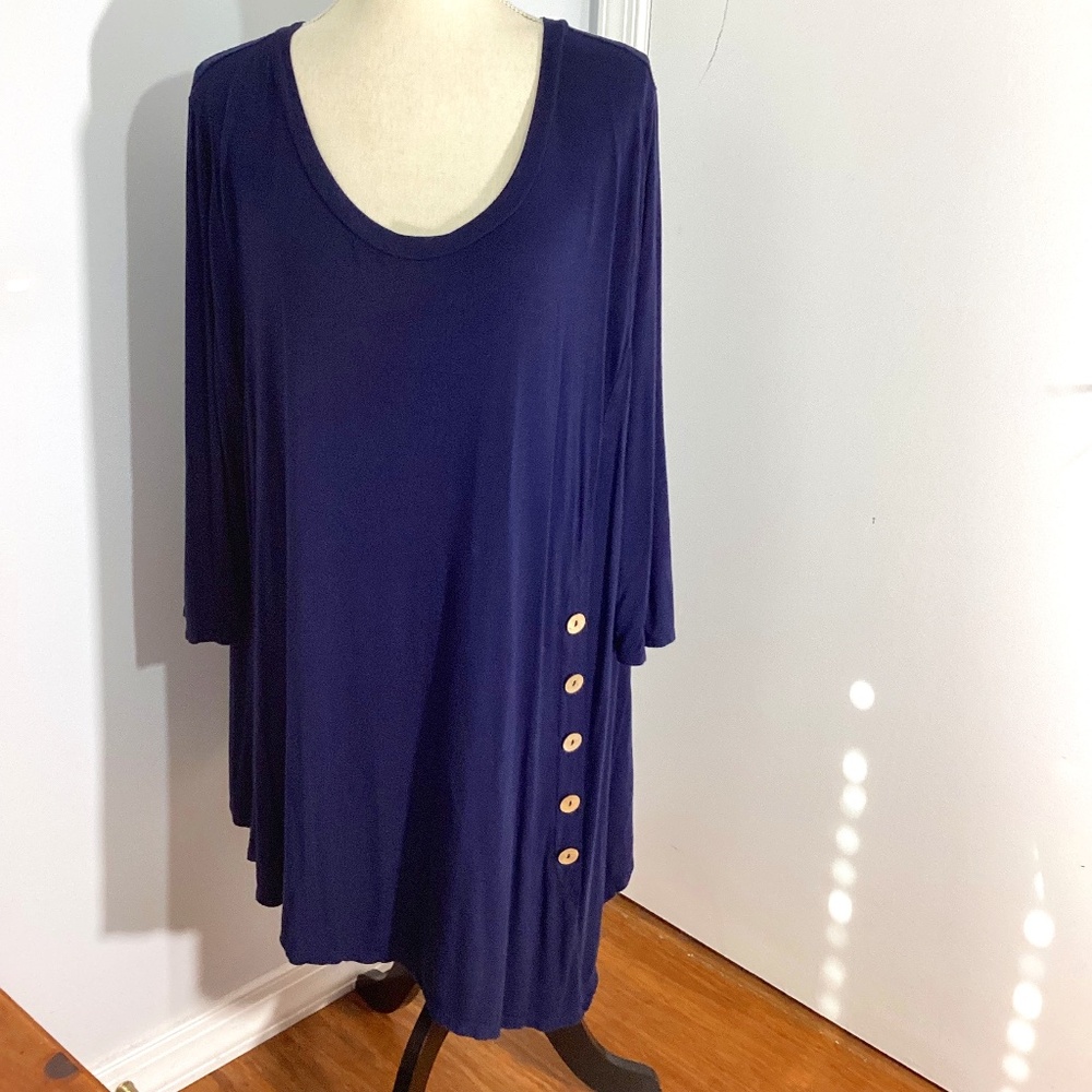 MISIA CURVY 3XL NAVY TUNIC ASYMMETRICAL HEM WOODEN BUTTONS  BOHO LAGENLOOK